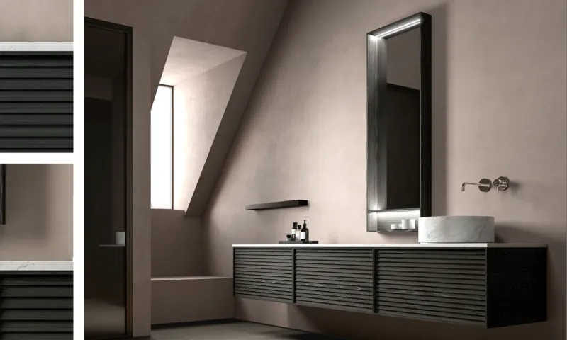 Dark bathroom with a long wall-hung vanity