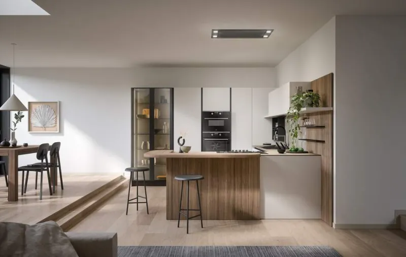 Kitchen with island, wood fronts and tall units